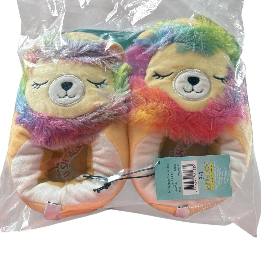 Squishmallows Leonard Lion Slippers Girls 13-1 Yellow Rainbow Plush Kellytoy NEW